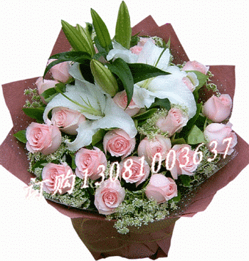 商品详细;19粉色玫瑰，2头白色香水百合，蕾丝或满天星点缀-咖啡色皱纹纸圆形包装