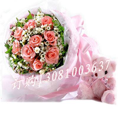 商品详细;9支粉玫瑰，香雪兰或满天星点缀其中,配精美小熊一个,.时尚精美包装-圆形包装