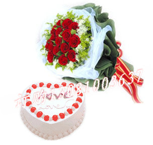 商品详细;12支红玫瑰，满天星或蕾丝，8寸蛋糕组合-圆形包装