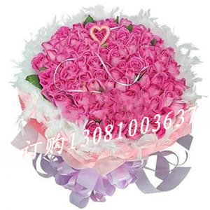 商品详细;99支桃红色玫瑰或粉色玫瑰，外围白色羽毛 -白色羽毛内衬 粉色包装纸多层外围 淡紫色丝带打结