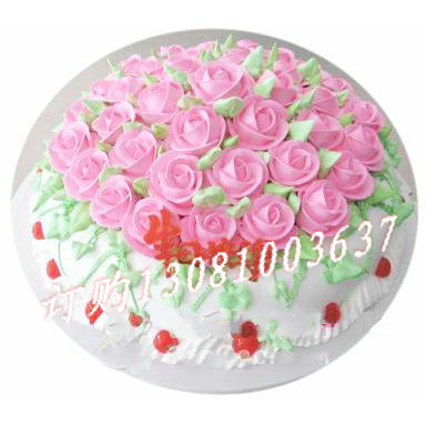 商品详细;10寸圆形鲜奶蛋糕,粉色奶油花铺面-购买蛋糕附送贺卡、刀、叉、盘、蜡烛一套
