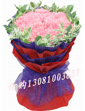 商品详细;33枝粉色康乃馨，高山积雪围边-紫色雪点瓦楞纸、红色瓦楞纸圆形多层包装，紫色雪点网纱束札