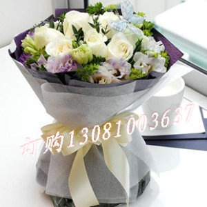 商品详细;9朵白玫瑰;拘梗配花点缀-白色紫色绵子圆形包装