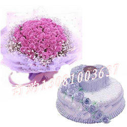 商品详细;99朵紫玫瑰、满天星；鲜奶双层蛋糕（8+12寸）组合-购买蛋糕附送刀、叉、盘、蜡烛一套，并附精美贺卡一张，留下您的祝福。