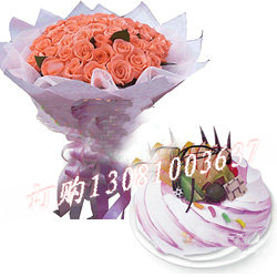 商品详细;33枝粉玫瑰，绿叶点缀;10寸水果蛋糕-购买蛋糕附送刀、叉、盘、蜡烛一套，并附精美贺卡一张，留下您的祝福。