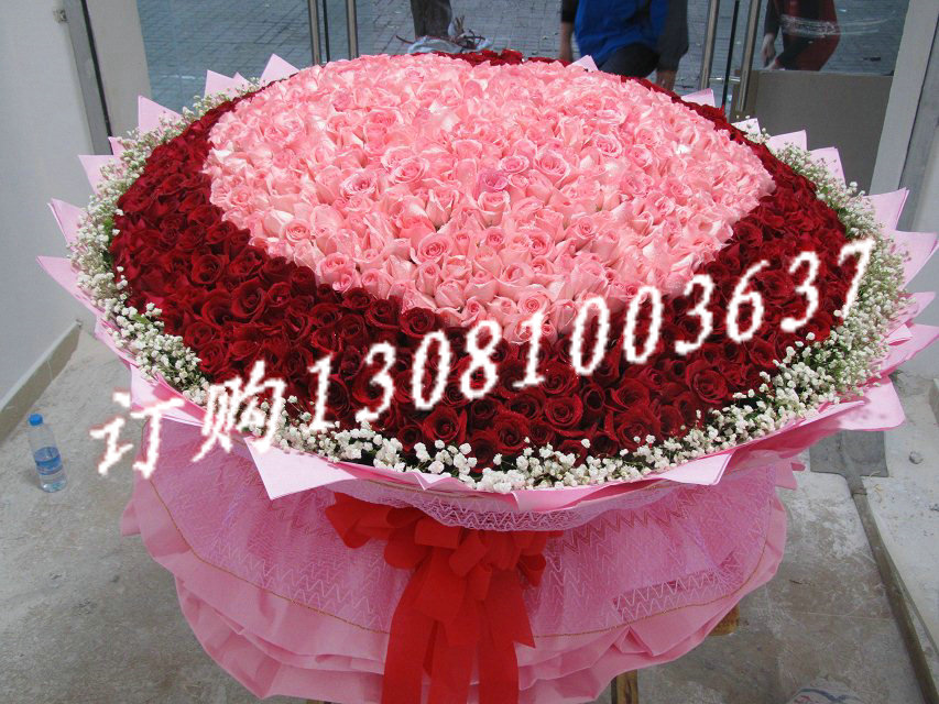 商品详细;600支红玫瑰，399支粉玫瑰心形，共999支玫瑰，满天星围绕。粉色纸圆形包装-.