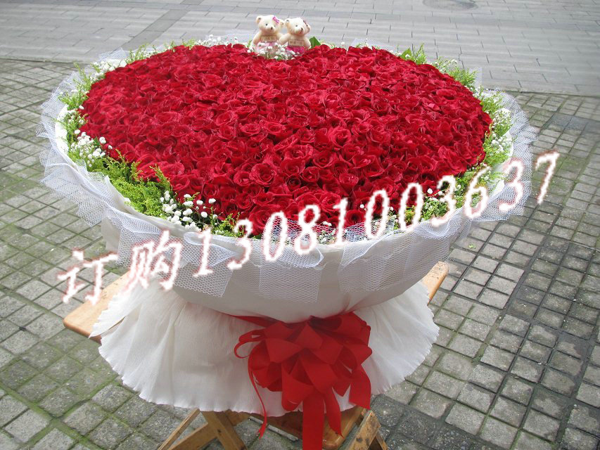 商品详细;520支红玫瑰，2支小熊，满天星黄莺点缀围边，浅色纸圆形包装-.