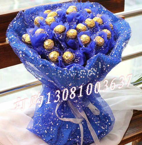 商品详细;19颗巧克力独立包装，蓝色纱网精美圆形包装-