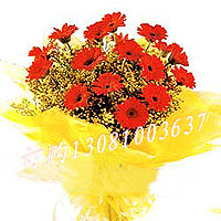 商品详细;20支红色太阳花，吉祥草点缀。-淡黄色绵纸圆形包装。