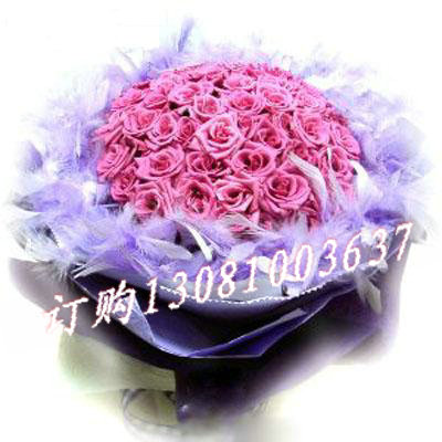 商品详细;99支紫玫瑰羽毛或黄莺围绕-圆形包装