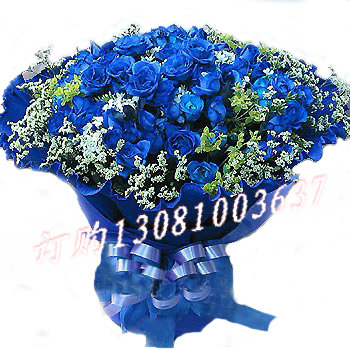 商品详细;99支蓝玫瑰 水晶花组合-蓝色纸圆形包装