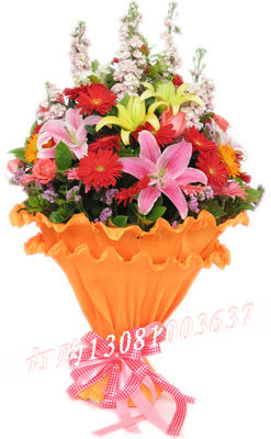 商品详细;红色太阳花、玫瑰花、香水百合、黄百合、金鱼草间插-花边手揉纸 圆形包装。
